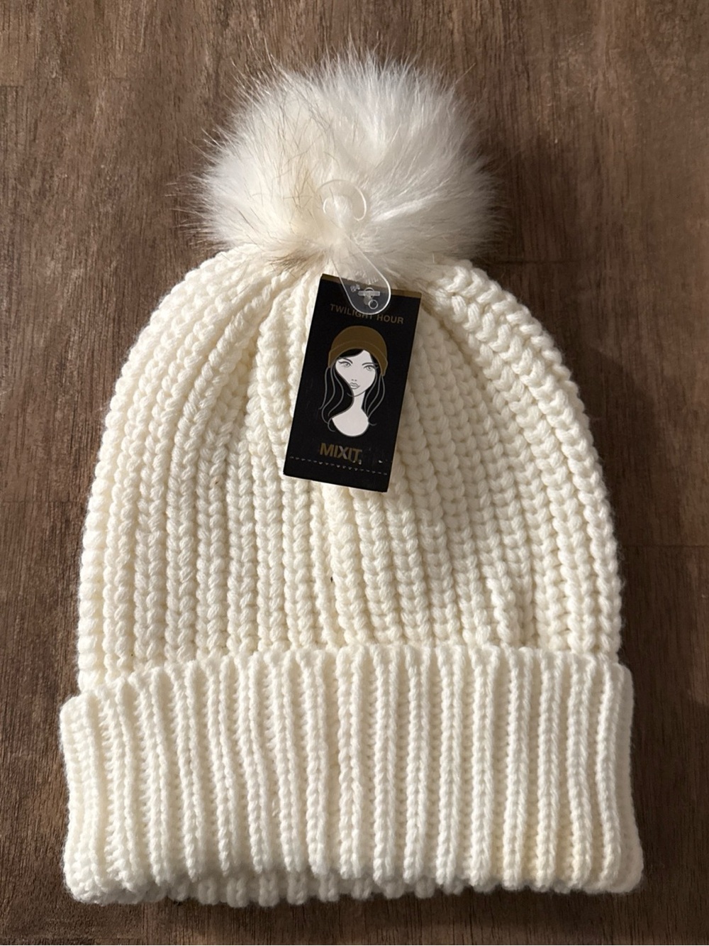 Mixit Cream Ribbed Knit Pom Beanie - Women's Cozy Winter Hat